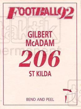 1992 Select AFL Stickers #206 Gilbert McAdam Back